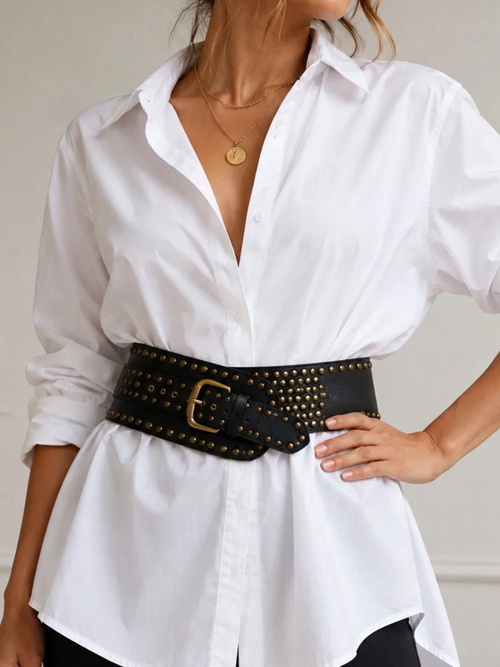 Black Wide Studded Waist Belt Gold Buckle Boho Western Statement 40”